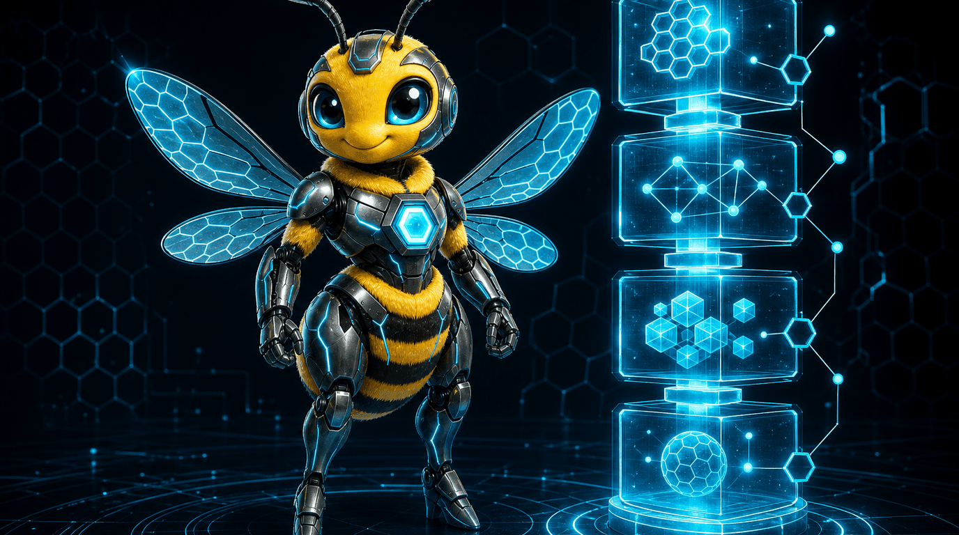 Agent Hive bee mascot illustration for the post "RubricsTree: Scalable and Evolving Open-Ended Evaluation of Personal Health Agents across Health Memory and Medical Skills".