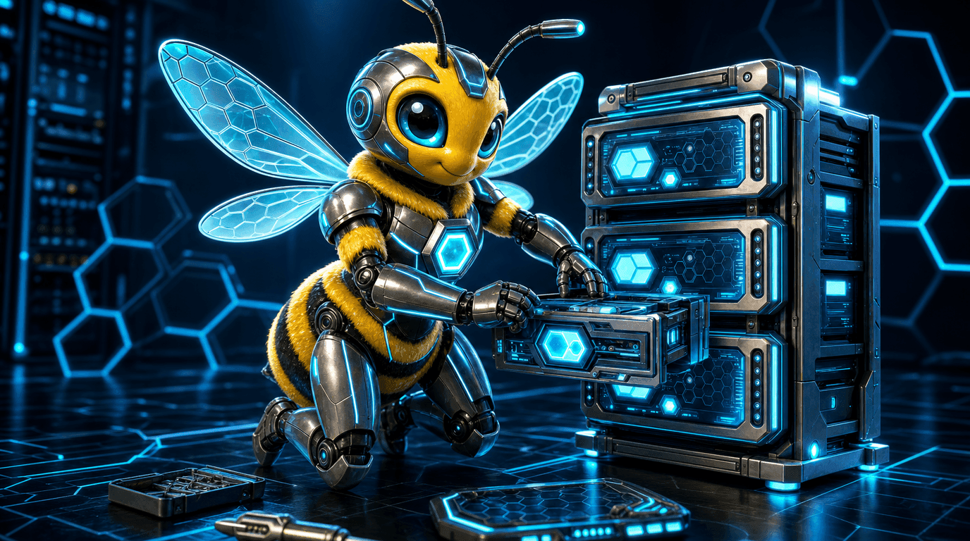 Agent Hive bee mascot hero illustration for the post "System Report for CCL25-Eval Task 5: New Dataset and LoRA-Fine-Tuned Qwen2.5".
