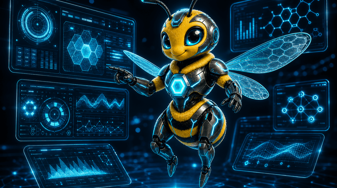 Agent Hive bee mascot hero illustration for the post "Giving AI a Headache: Acoustic Adversarial Attacks to Computer Vision Applications".