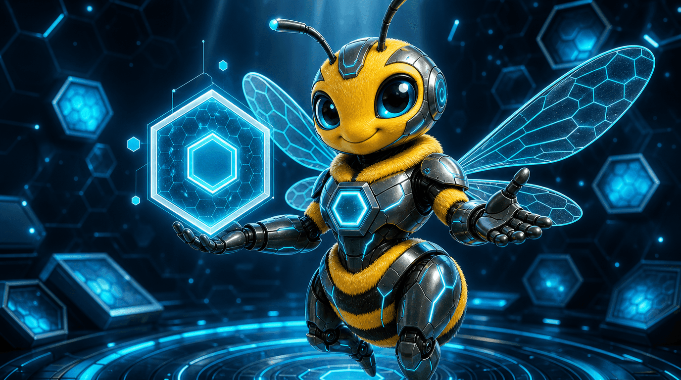 Agent Hive bee mascot hero illustration for the post "Redesign Mixture-of-Experts Routers with Manifold Power Iteration".