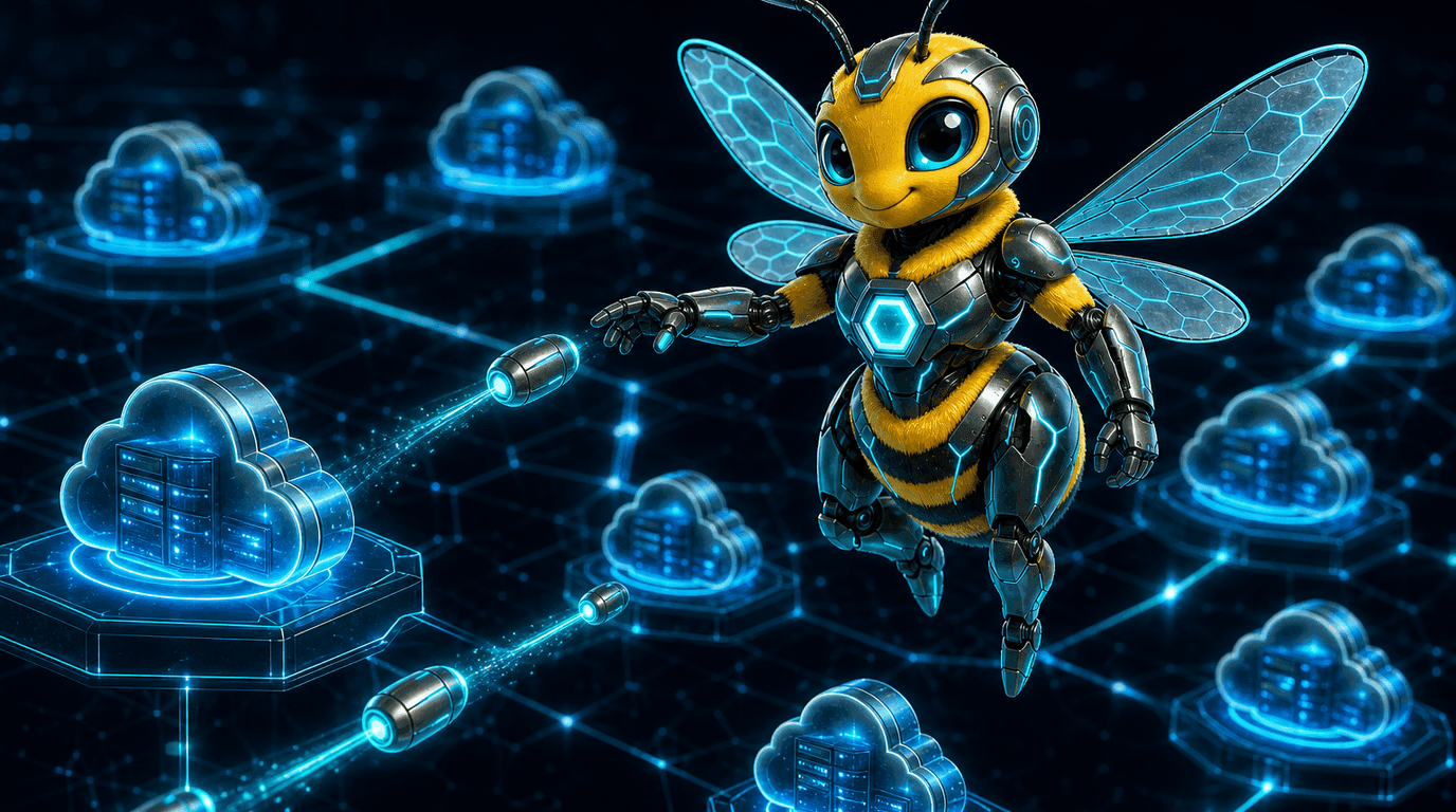 Agent Hive bee mascot hero illustration for the post "MSUE: Multi-Modal Soccer Understanding Expert".