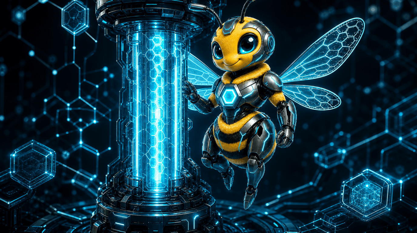 Agent Hive bee mascot hero illustration for the post "Show HN: FablePool – pool money behind a prompt, and Fable builds it in public".