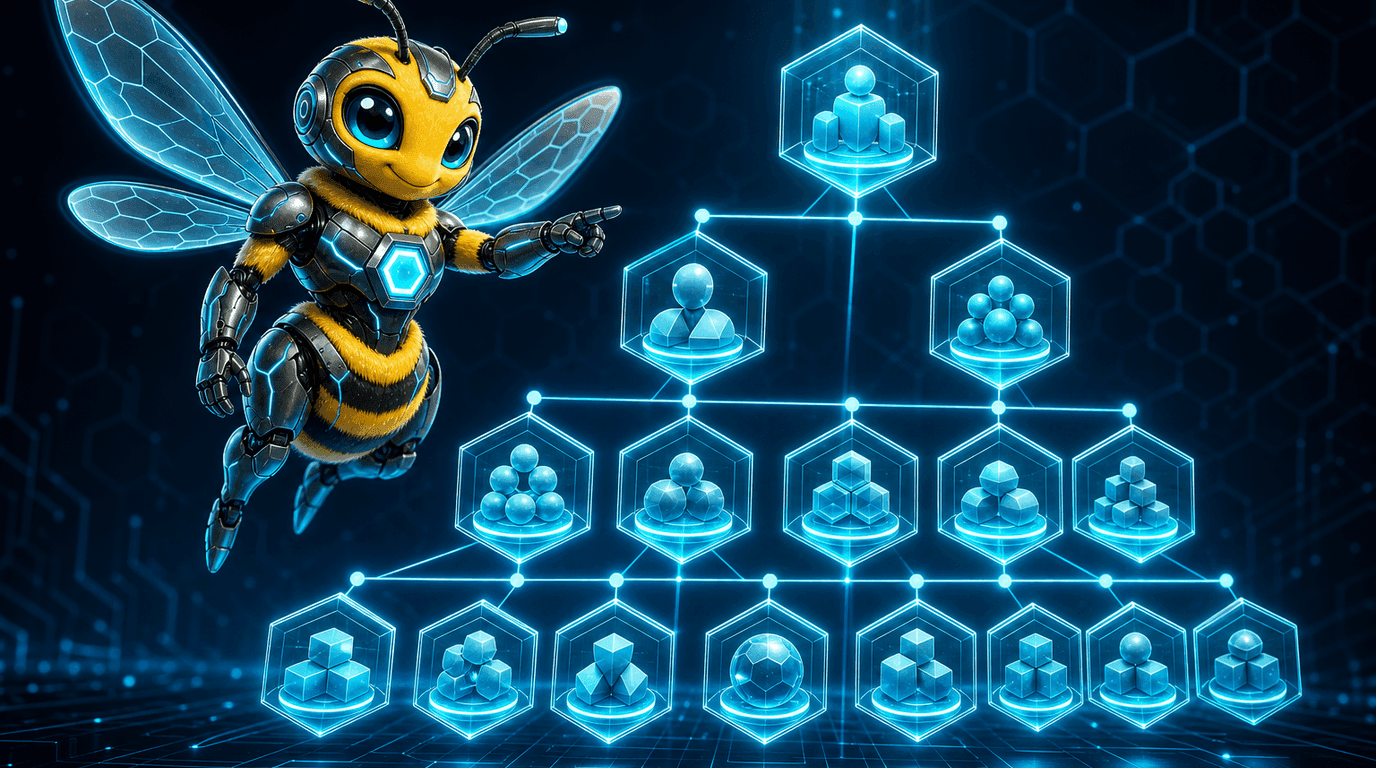 Dark canvas with a cyan-accented org-chart canvas behind the title 'The org chart as product'.