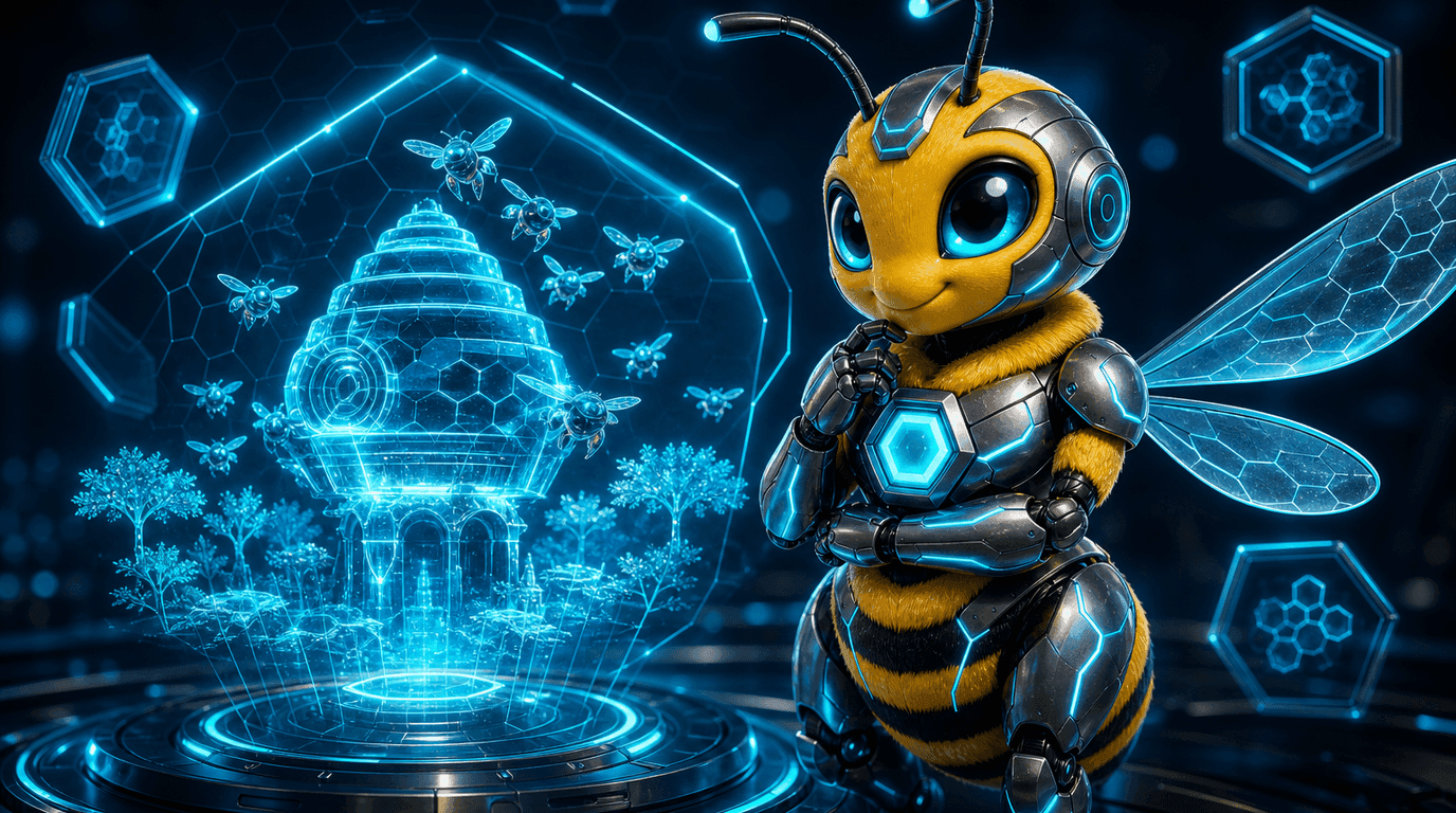Dark canvas with a cyan-accented org-chart sketch behind the title 'Why we built Agent Hive'.